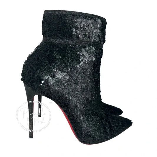 Christian Louboutin Moulakate Black Sequin Glitter Pointed Toe Ankle Boots 37.5