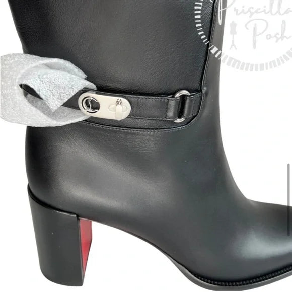 Christian Louboutin Black Lock 70 Leather Knee-high Boots Tall Block heel 39.5