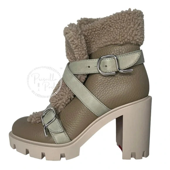 Christian Louboutin Pole Chic Shearling Red Sole Combat Booties 37