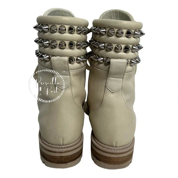 Christian Louboutin Leather Silver Spiked Combat Boots Luge Rubber Sole 36
