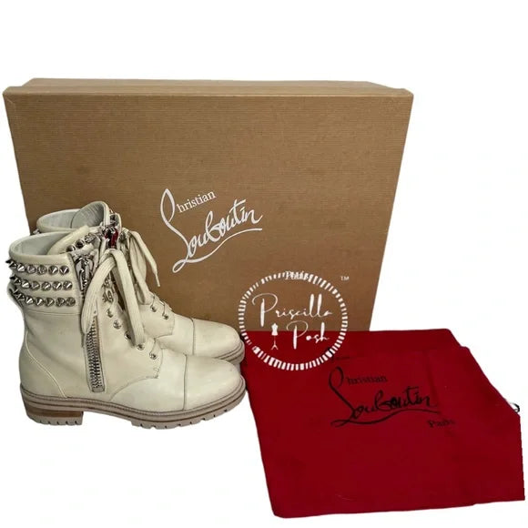Christian Louboutin Leather Silver Spiked Combat Boots Luge Rubber Sole 36