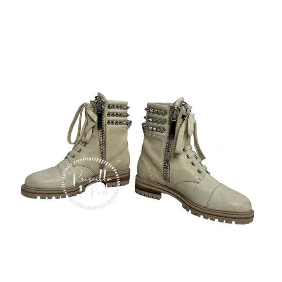 Christian Louboutin Leather Silver Spiked Combat Boots Luge Rubber Sole 36