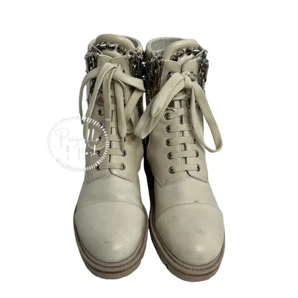 Christian Louboutin Leather Silver Spiked Combat Boots Luge Rubber Sole 36