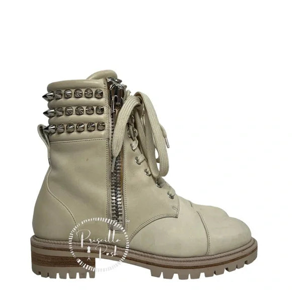 Christian Louboutin Leather Silver Spiked Combat Boots Luge Rubber Sole 36