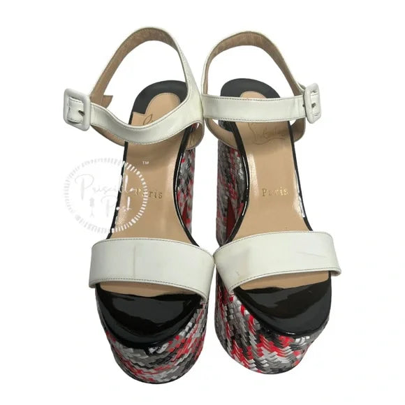 Christian Louboutin Bella Tige Woven Patent Platform Red Sole Sandal 36.5