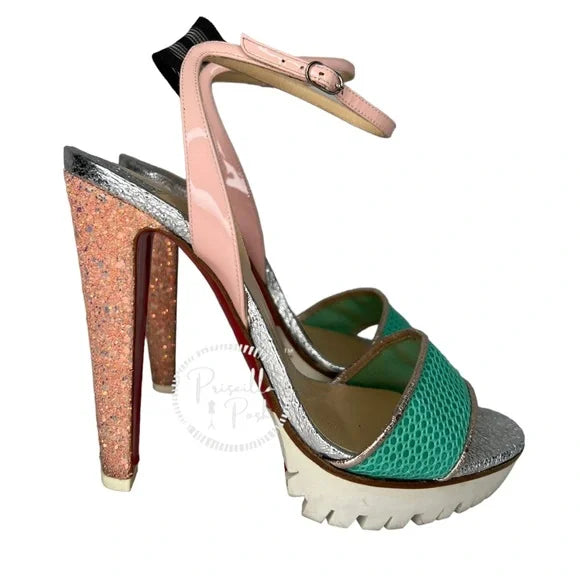 Christian Louboutin Platform Open Toe Ankle Strap Sandals White Green Pink 38