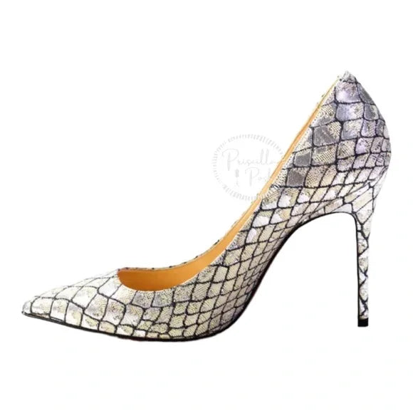 NWB Christian Louboutin Decollete Snake-Embossed Metallic Point-Toe Pump, Silver
