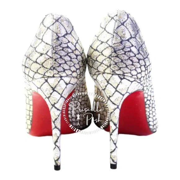 NWB Christian Louboutin Decollete Snake-Embossed Metallic Point-Toe Pump, Silver