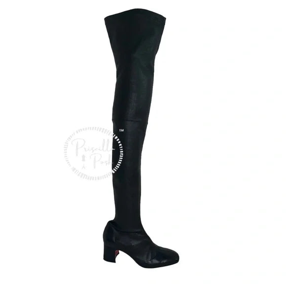 Christian Louboutin Sursamoto Black Leather Napa Red Sole Over-The-Knee Boot 38
