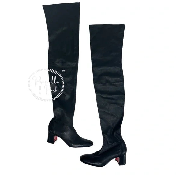 Christian Louboutin Sursamoto Black Leather Napa Red Sole Over-The-Knee Boot 38