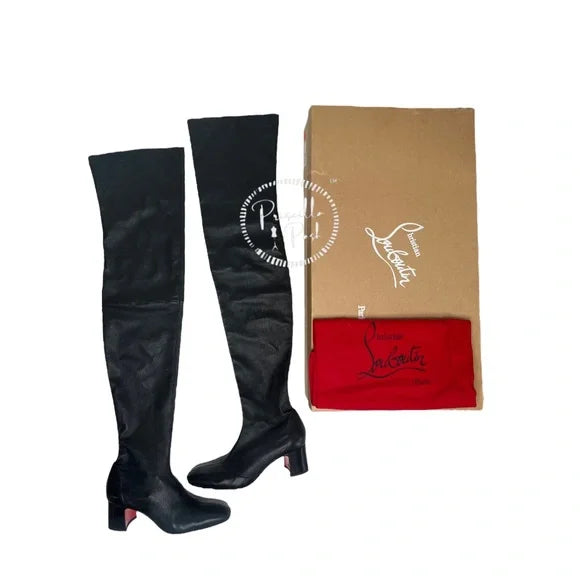 Christian Louboutin Sursamoto Black Leather Napa Red Sole Over-The-Knee Boot 38