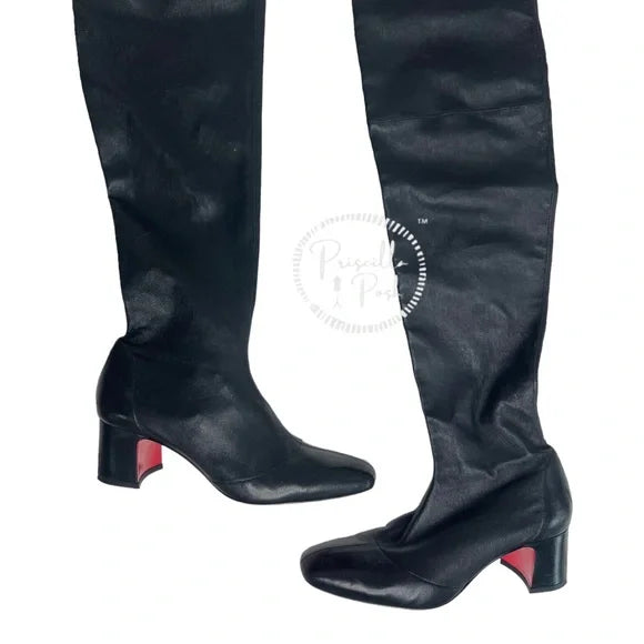 Christian Louboutin Sursamoto Black Leather Napa Red Sole Over-The-Knee Boot 38