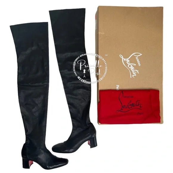 Christian Louboutin Sursamoto Black Leather Napa Red Sole Over-The-Knee Boot 38