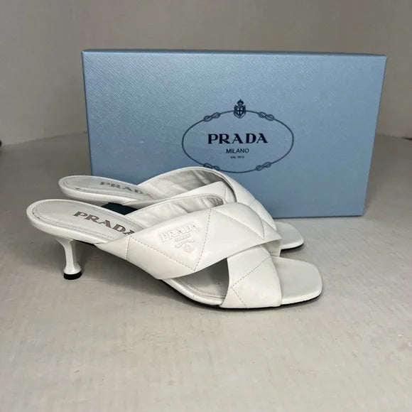 Prada White Leather Criss Cross Mule Sandals Heels Quilted Leather Kitten Heel