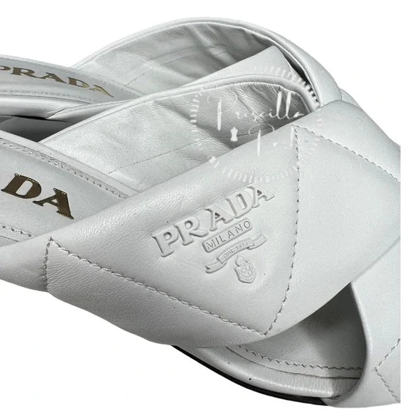 Prada White Leather Criss Cross Mule Sandals Heels Quilted Leather Kitten Heel