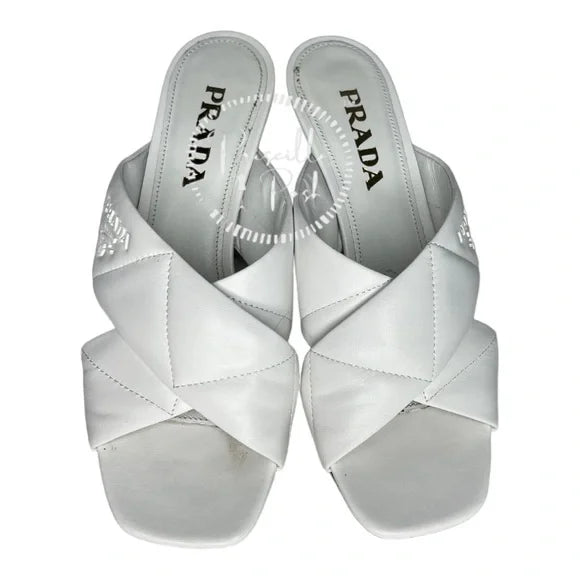 Prada White Leather Criss Cross Mule Sandals Heels Quilted Leather Kitten Heel