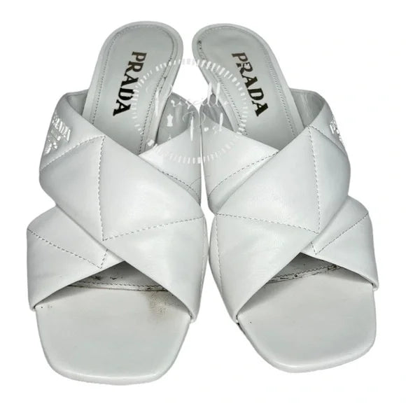 Prada White Leather Criss Cross Mule Sandals Heels Quilted Leather Kitten Heel