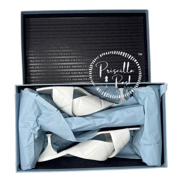 Prada White Leather Criss Cross Mule Sandals Heels Quilted Leather Kitten Heel