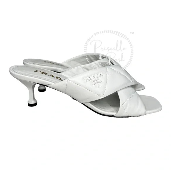 Prada White Leather Criss Cross Mule Sandals Heels Quilted Leather Kitten Heel