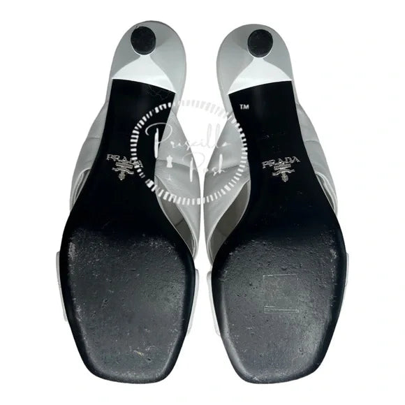 Prada White Leather Criss Cross Mule Sandals Heels Quilted Leather Kitten Heel