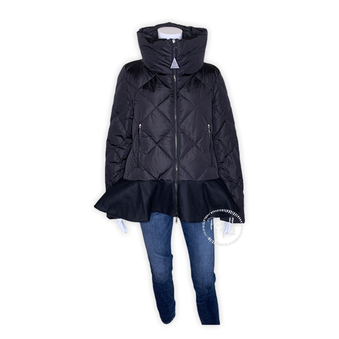 Moncler Black Peplum Hem Goose Down Puffer Jacket