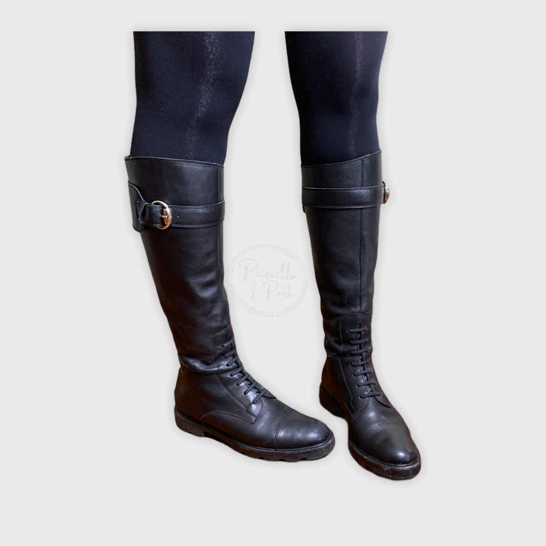 Gucci Tall Black Leather Lace-up Combat Boots