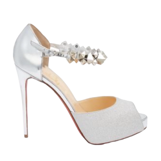 Christian Louboutin Planisfemme Studded Glitter Platform Sandals In Silver 40.5