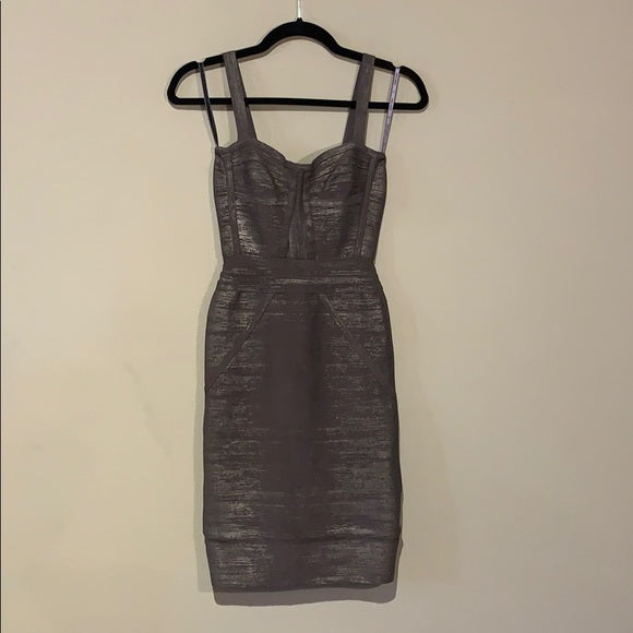 Herve Leger Gunmetal Woodgrain Foil Print Dress