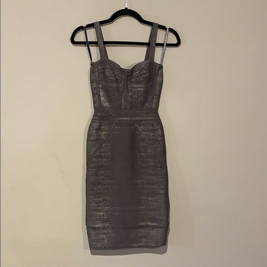 Herve Leger Gunmetal Woodgrain Foil Print Dress