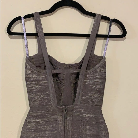 Herve Leger Gunmetal Woodgrain Foil Print Dress