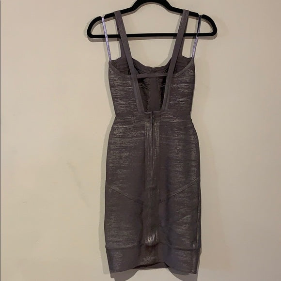 Herve Leger Gunmetal Woodgrain Foil Print Dress