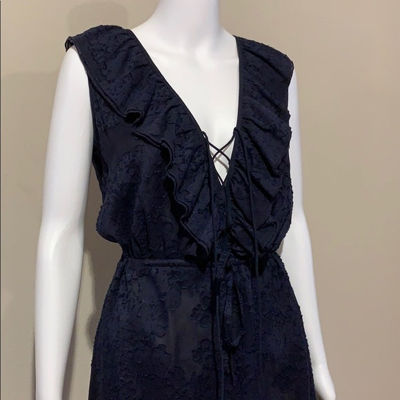 Tory Burch Navy Silk Lace Appliqué Ruffle Dress 6