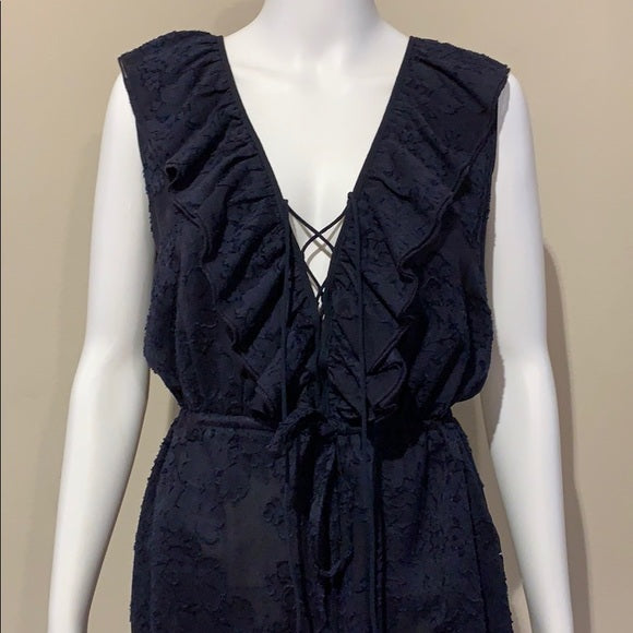 Tory Burch Navy Silk Lace Appliqué Ruffle Dress 6