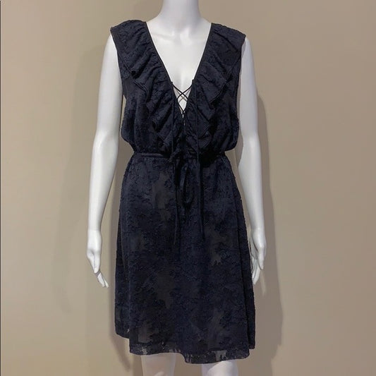 Tory Burch Navy Silk Lace Appliqué Ruffle Dress 6