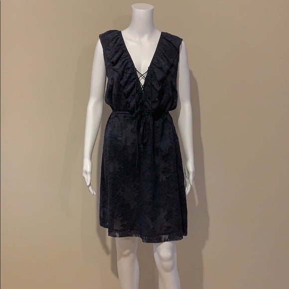 Tory Burch Navy Silk Lace Appliqué Ruffle Dress 6