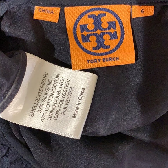 Tory Burch Navy Silk Lace Appliqué Ruffle Dress 6