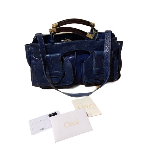 CHLOE Leather Saskia Zip Top Tote Navy MSRP $1,680