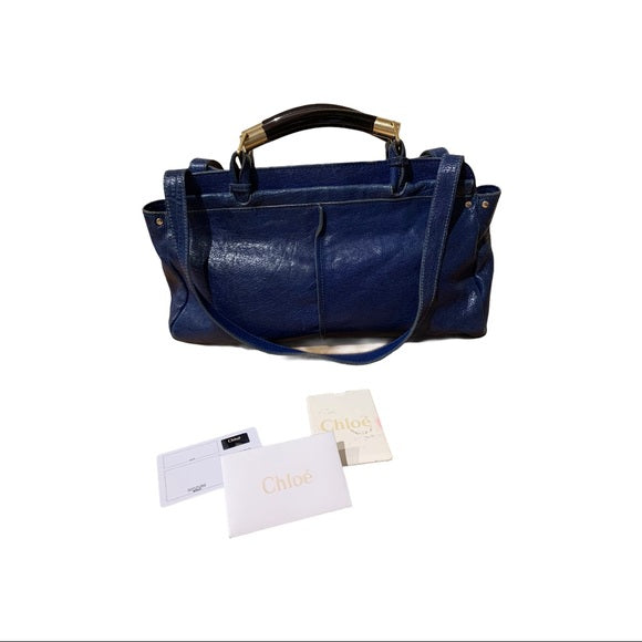 CHLOE Leather Saskia Zip Top Tote Navy MSRP $1,680