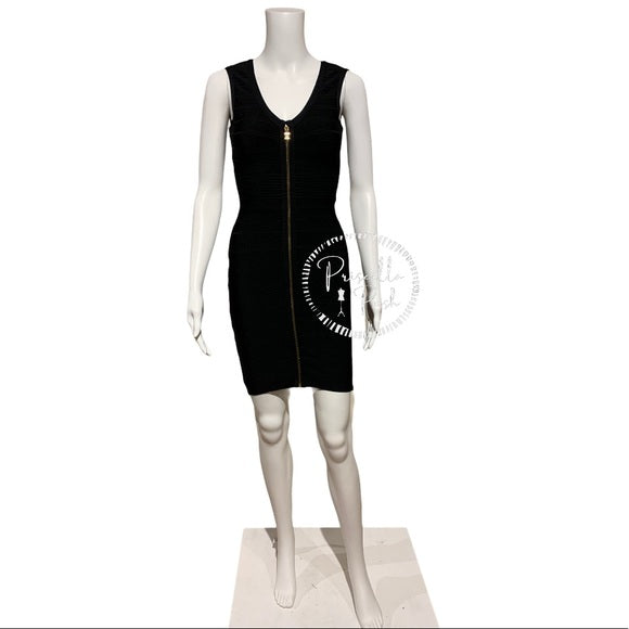 Hervé Leger Black Kendra Gold Zipper Bandage Dress