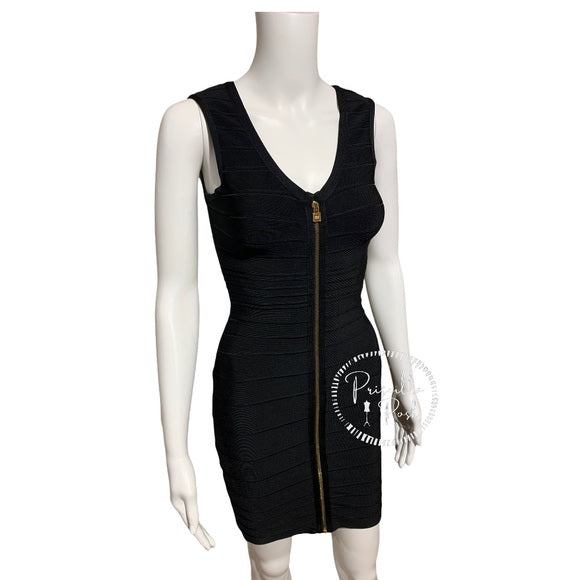 Hervé Leger Black Kendra Gold Zipper Bandage Dress