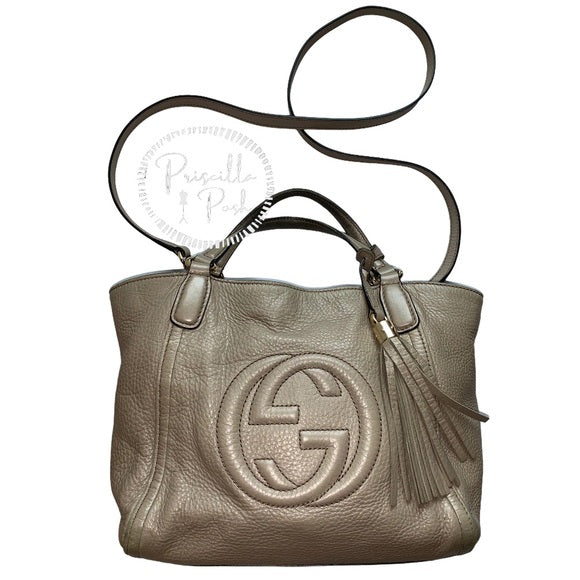 GUCCI Soho Leather Large Tote Shoulder Bag Taupe