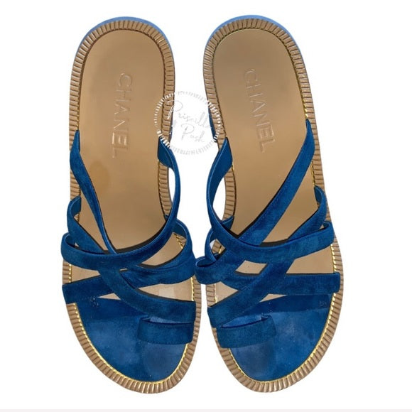 Chanel Medusa Blue Suede Block Heel Sandal Slide