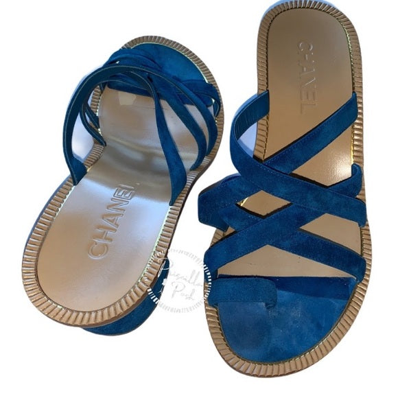 Chanel Medusa Blue Suede Block Heel Sandal Slide