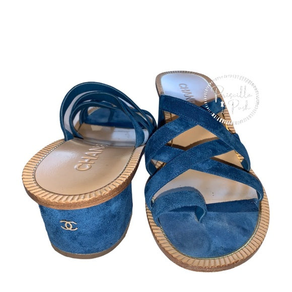 Chanel Medusa Blue Suede Block Heel Sandal Slide