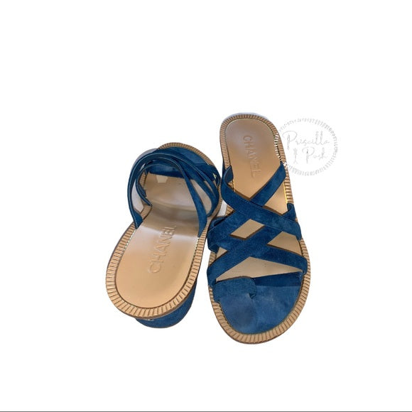 Chanel Medusa Blue Suede Block Heel Sandal Slide