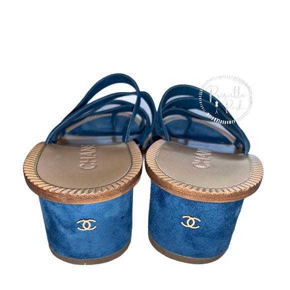 Chanel Medusa Blue Suede Block Heel Sandal Slide