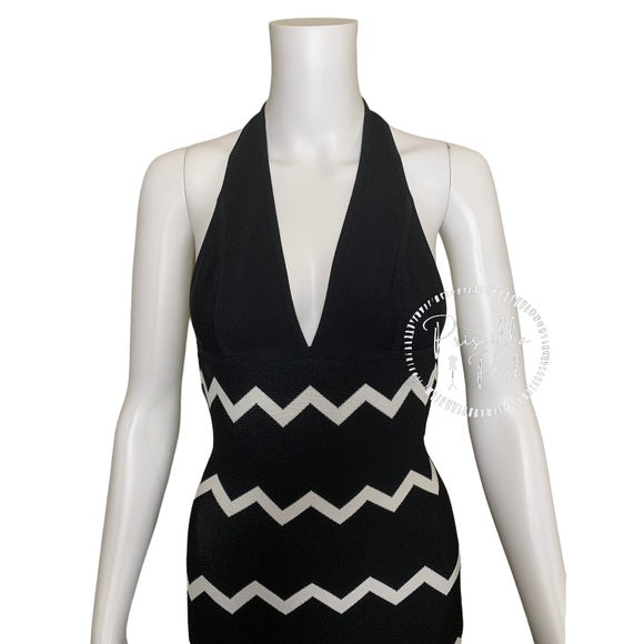 Herve Leger Full Length Black Halter Dress Gown