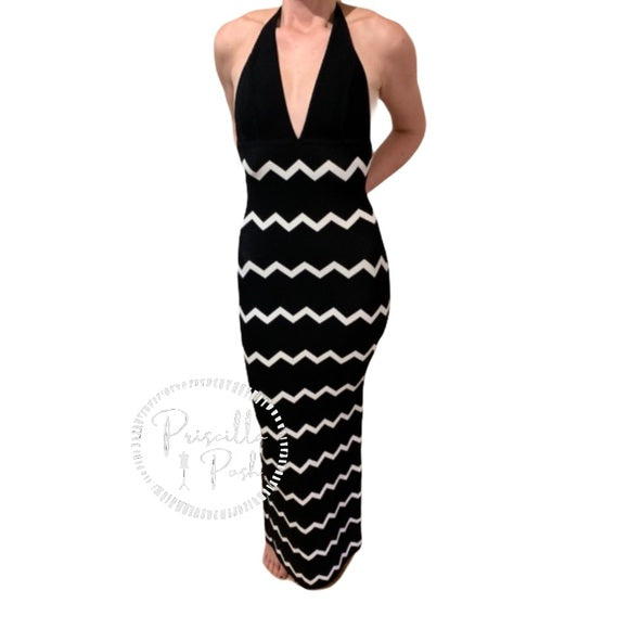 Herve Leger Full Length Black Halter Dress Gown