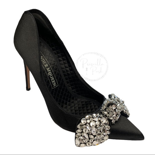 Alexander Mcqueen Black Satin Crystal Bow Pumps