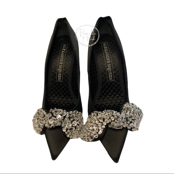 Alexander Mcqueen Black Satin Crystal Bow Pumps